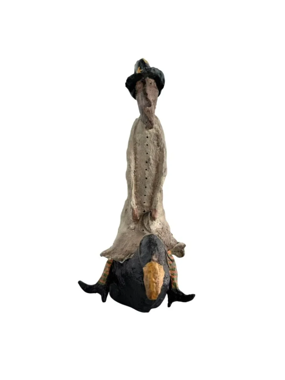 Kevin Smith Folk Art Primitive Halloween Witch Riding on Crow Whimsigoth 12”